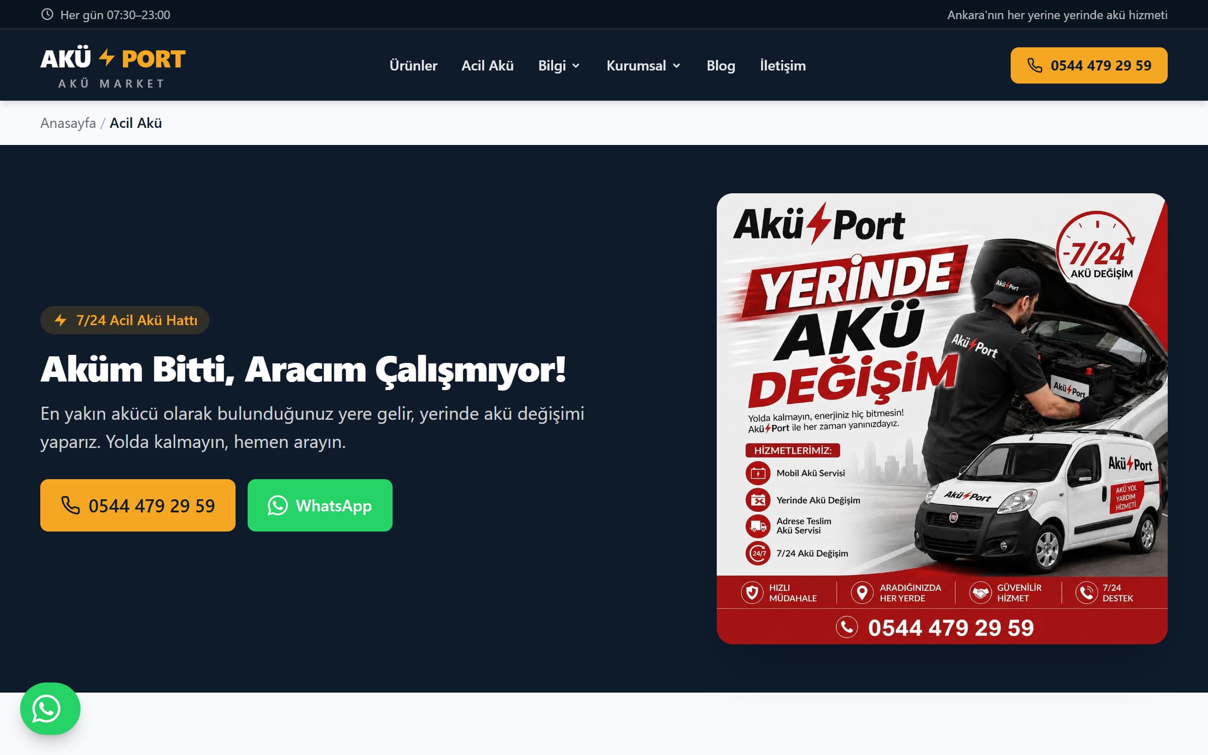 Acil akü sayfası; tek dokunuş arama/WhatsApp