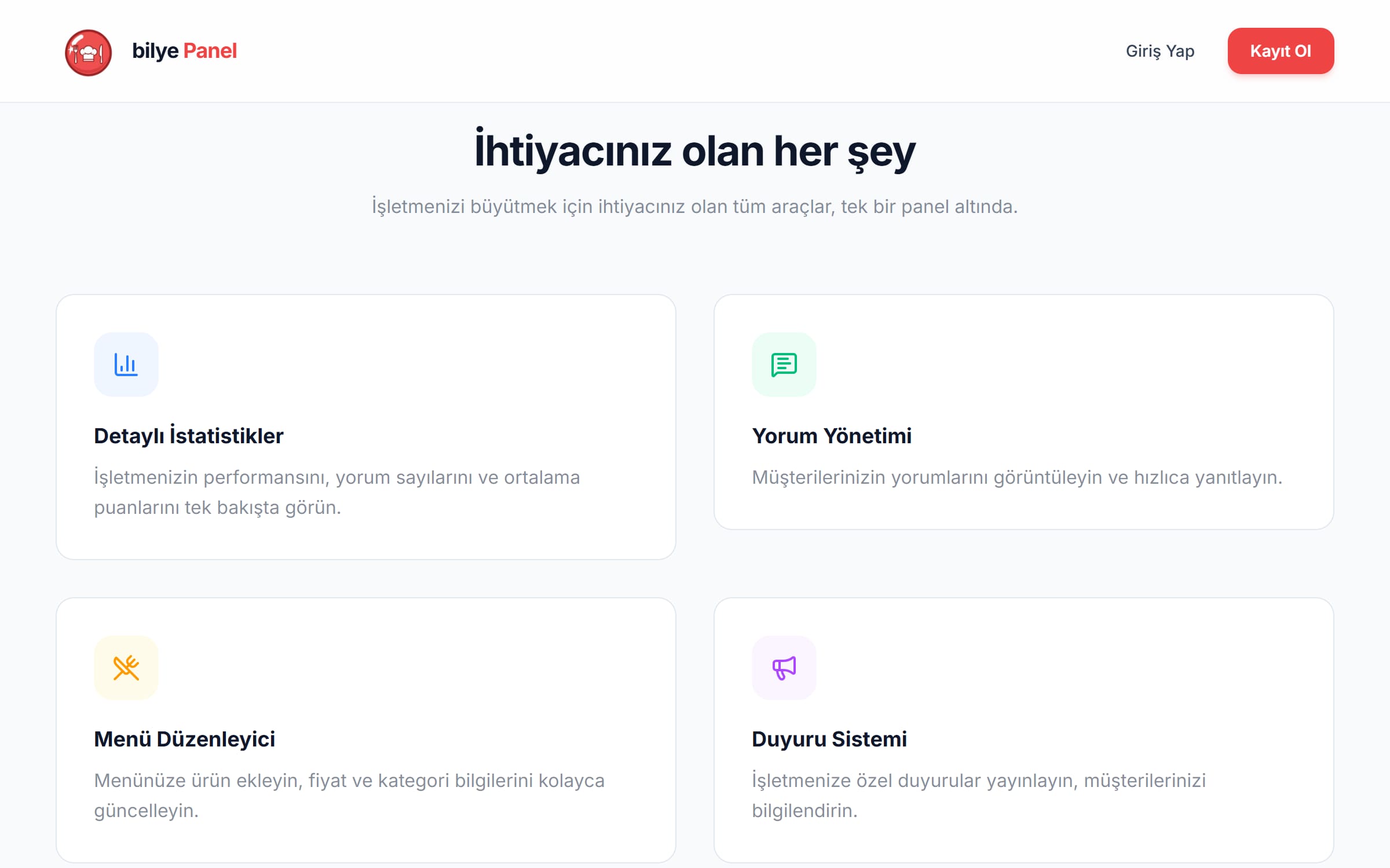 Panel araçları; istatistik, yorum, menü, duyuru