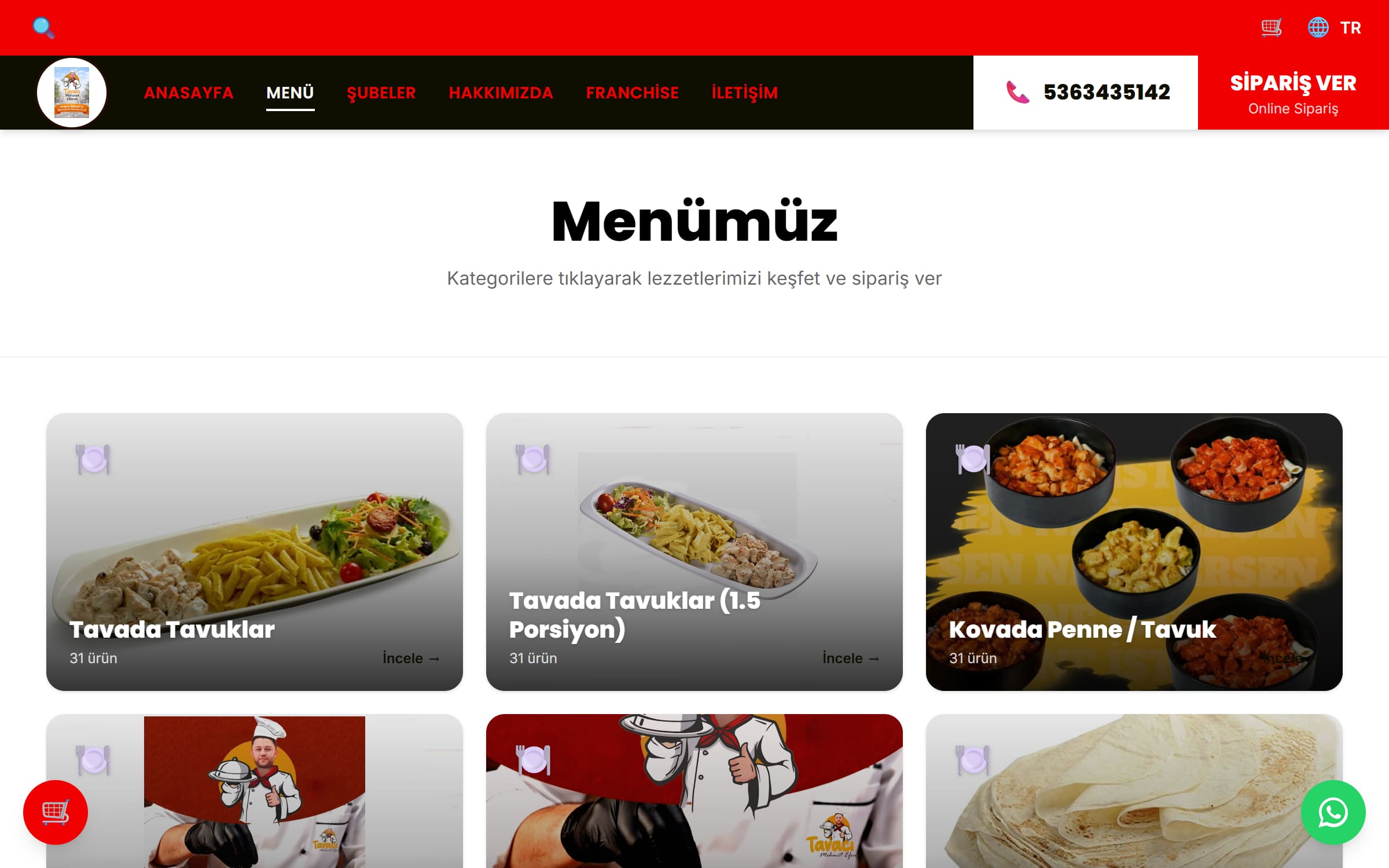 Kategorili menü ve online sipariş akışı