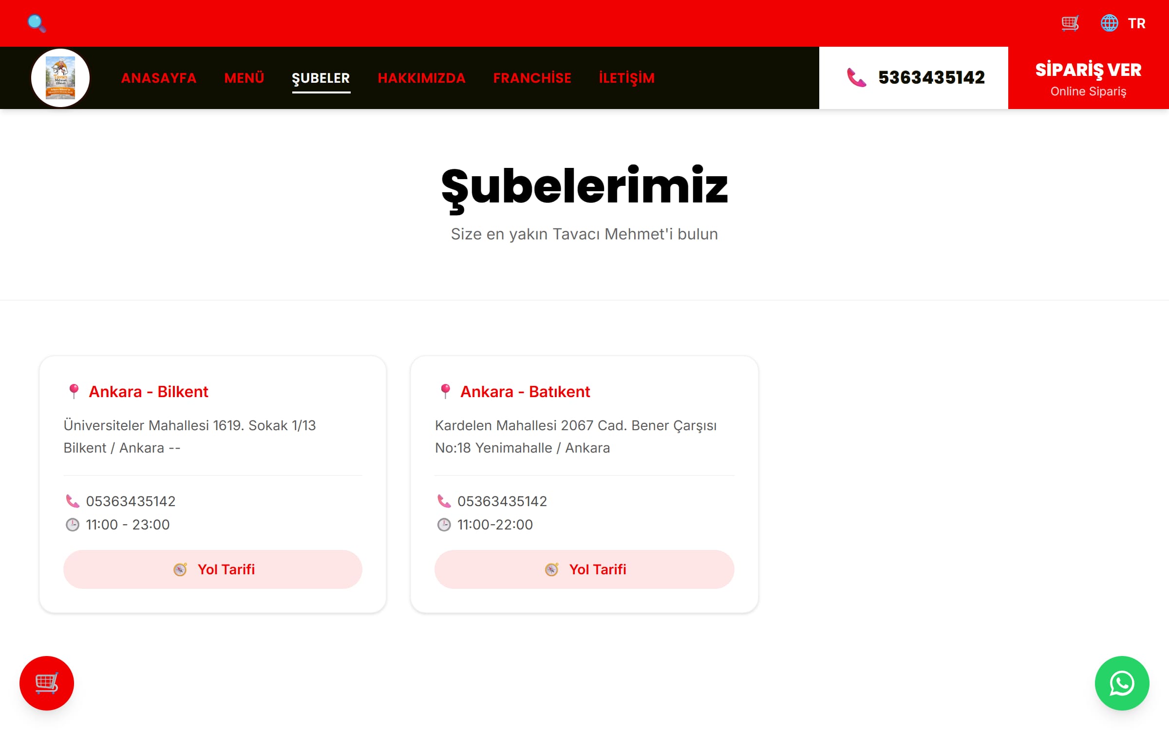 Şubeler; telefon, saat ve yol tarifiyle